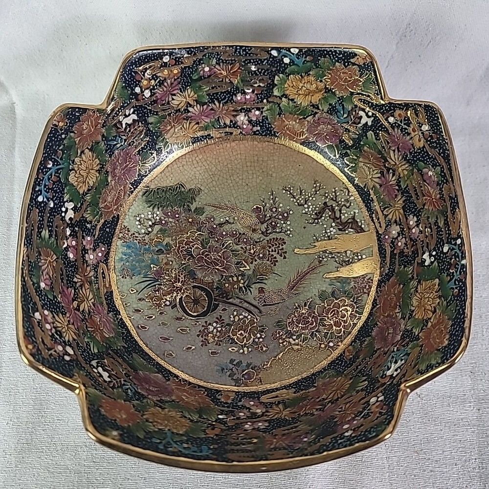 Vintage Satsuma Style Bowl – Hand Painted Floral Gold Trim Crackle Glaze